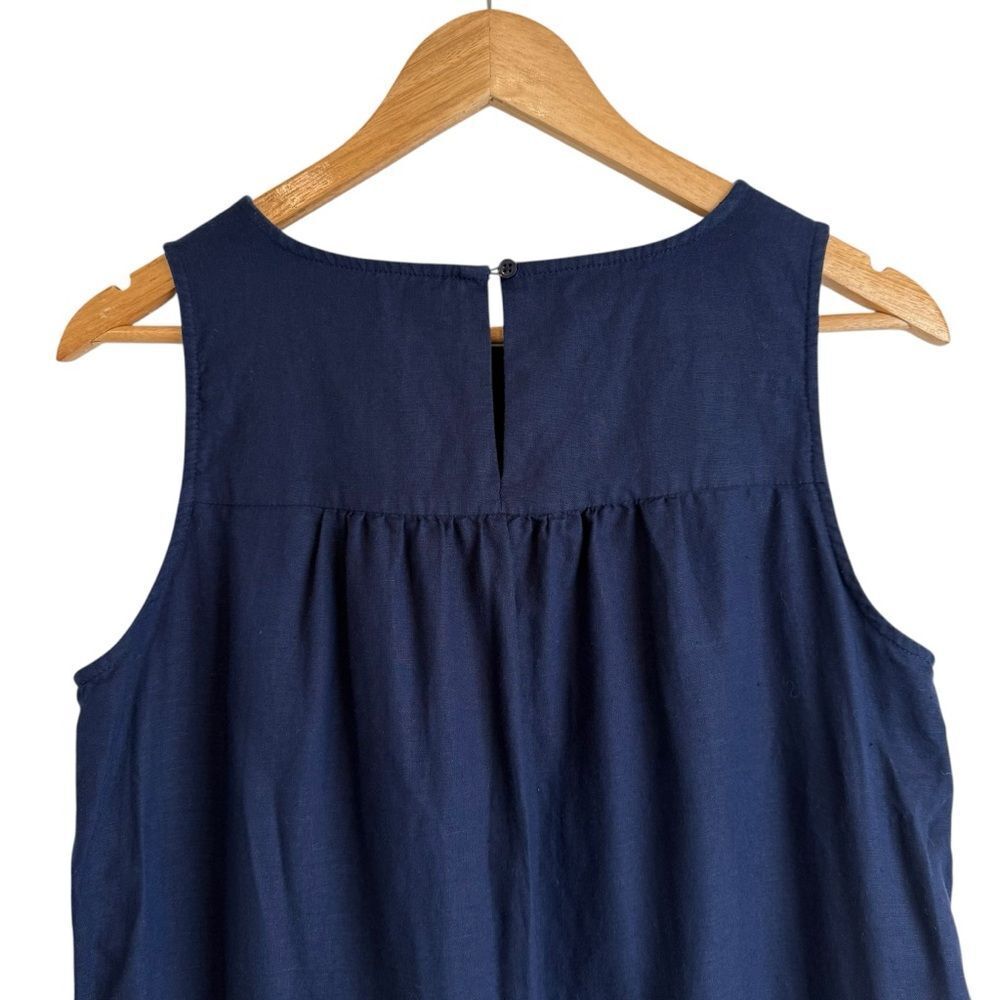 J Crew Factory Navy Blue Linen Floral Green Embroidery Sleeveless Shift Dress - Picture 5 of 7